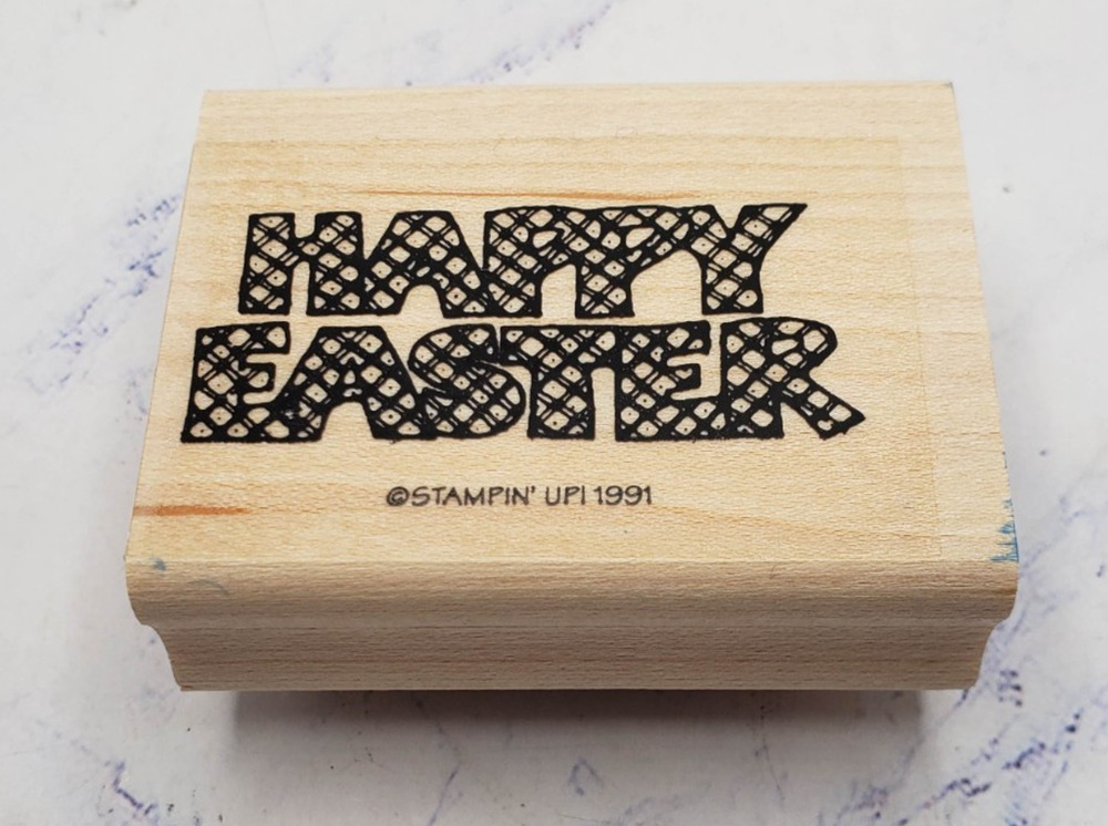 Stampin Up Happy Easter Plaid Words Basket Spring Wood Mounted Rubber Stamp